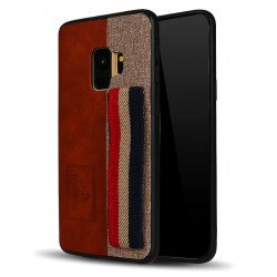 Galaxy S9 Striped Hand Strap Grip Holder PU Leather Case (Brown)